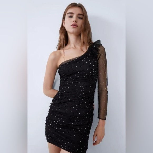 NWT ZARA | Bejewelled Asymmetric Black Tulle Dress SZ L - Picture 5 of 15